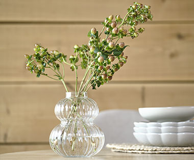 Lijepa prozirna vaza sa zelenim grančicama