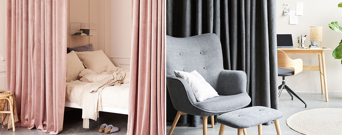 Dva primjera kako možete koristiti zavese za razdvajanje prostorija: Za spavaću sobu i za kućnu kancelariju