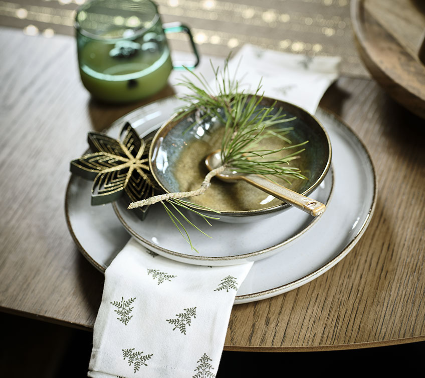 Tanjir, zdjela, dekoracije i salveta servirani na stolu