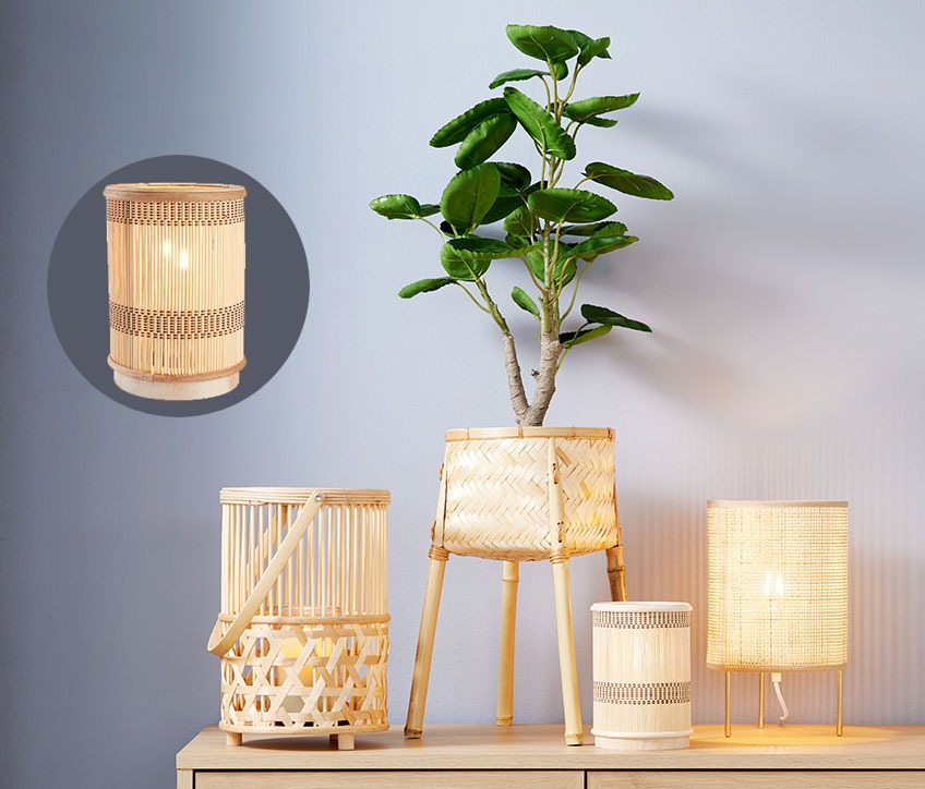 Fenjer, saksija za biljke od bambusa, baterijska lampa i stolna lampa
