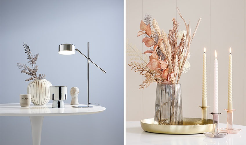 Vaze, svijećnjaci, lampa i svijeća u skandinavskom dizajnu i svijetlim bojama