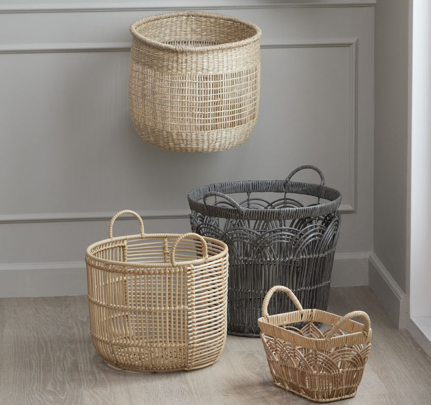 Three round baskets and a small rectangular basket 